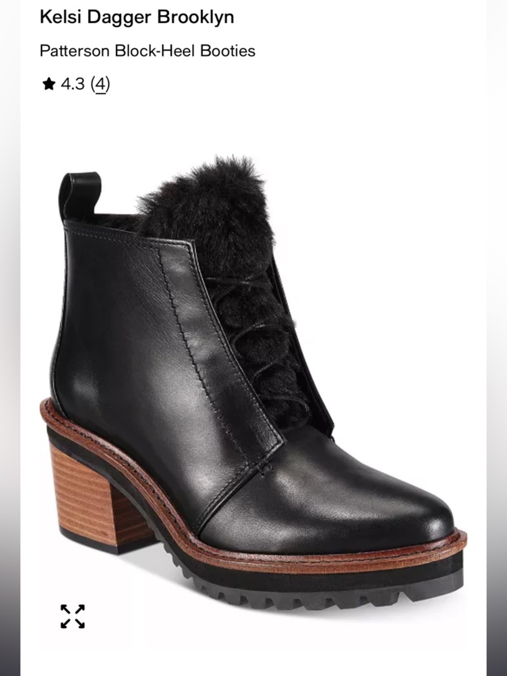 Kelsi Dagger Black Leather Faux-Fur Trim Block Heel Booties. Brown